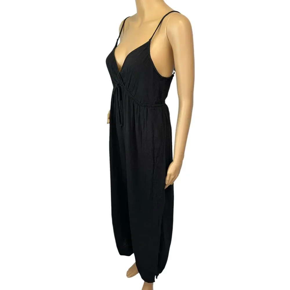 NWT DKNY V-Neck Front Tie Maxi Dress Cover Up Black Beachwear Side Slit Size M